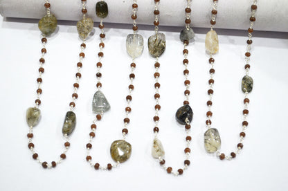 Chocolate Jade Faceted Rondelle Shape Rosary Beaded Chain , Black Rutile Smooth Nuggets Wire Wrapped Chain , 4 mm , RB-6016