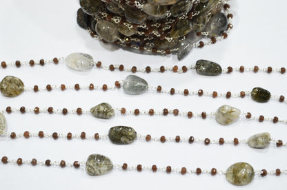 Chocolate Jade Faceted Rondelle Shape Rosary Beaded Chain , Black Rutile Smooth Nuggets Wire Wrapped Chain , 4 mm , RB-6016