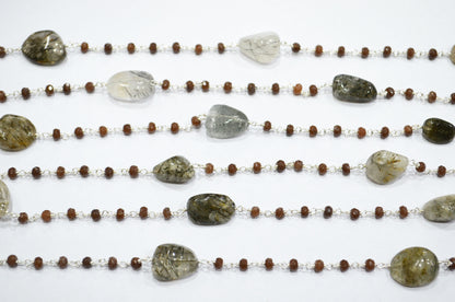 Chocolate Jade Faceted Rondelle Shape Rosary Beaded Chain , Black Rutile Smooth Nuggets Wire Wrapped Chain , 4 mm , RB-6016