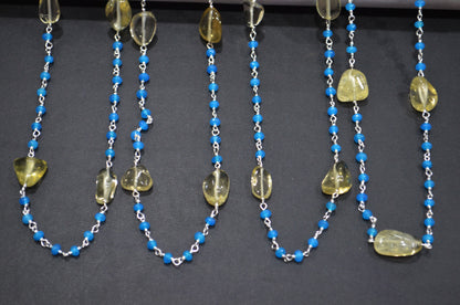 Neon Jade Faceted Rondelle Shape Rosary Beaded Chain , Lemon Quartz Smooth Nuggets Wire Wrapped Chain , 4 mm , RB-6017
