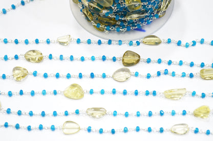 Neon Jade Faceted Rondelle Shape Rosary Beaded Chain , Lemon Quartz Smooth Nuggets Wire Wrapped Chain , 4 mm , RB-6017