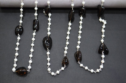 White Jade Faceted Rondelle Shape Rosary Beaded Chain , Black Smoky Quartz Smooth Nuggets Wire Wrapped Chain , 4 mm , RB-6018