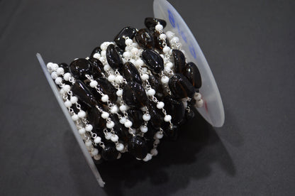 White Jade Faceted Rondelle Shape Rosary Beaded Chain , Black Smoky Quartz Smooth Nuggets Wire Wrapped Chain , 4 mm , RB-6018
