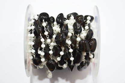 White Jade Faceted Rondelle Shape Rosary Beaded Chain , Black Smoky Quartz Smooth Nuggets Wire Wrapped Chain , 4 mm , RB-6018