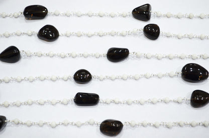 White Jade Faceted Rondelle Shape Rosary Beaded Chain , Black Smoky Quartz Smooth Nuggets Wire Wrapped Chain , 4 mm , RB-6018