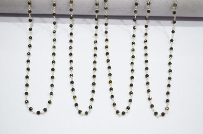 Beautiful Gold Shimmer Coated Black Spinel Rosary Beaded Chain ,Black Spinel Faceted Round Wire Wrapped Chain , 3 mm , RB-6019