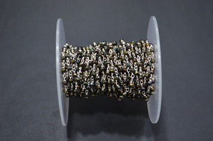 Beautiful Gold Shimmer Coated Black Spinel Rosary Beaded Chain ,Black Spinel Faceted Round Wire Wrapped Chain , 3 mm , RB-6019