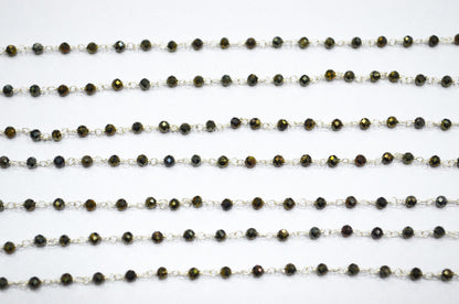 Beautiful Gold Shimmer Coated Black Spinel Rosary Beaded Chain ,Black Spinel Faceted Round Wire Wrapped Chain , 3 mm , RB-6019