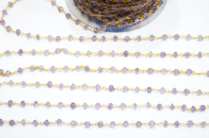 Pink Amethyst Faceted Rondelle Shape Rosary Beaded Chain , 4 - 4.50 mm , RB-6021