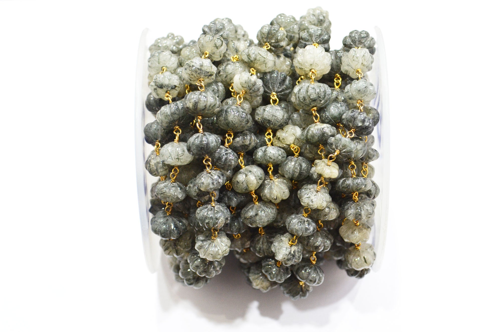 Black Rutile Carved Melon Shape Rosary Beaded Chain , Black Rutile Carved Melon Wire Wrapped Chain , 10 - 11 mm , RB-6025