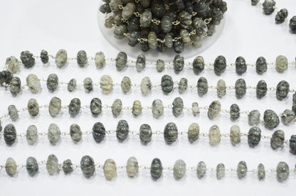Black Rutile Carved Melon Shape Rosary Beaded Chain , Black Rutile Carved Melon Wire Wrapped Chain , 10 - 11 mm , RB-6025