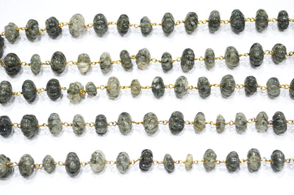 Black Rutile Carved Melon Shape Rosary Beaded Chain , Black Rutile Carved Melon Wire Wrapped Chain , 10 - 11 mm , RB-6025