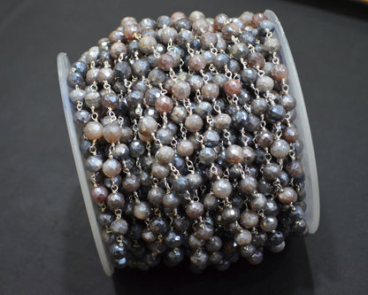 Mystic Chocolate Moonstone Faceted Round Shape Rosary Beaded Chain , 6 - 6.50 mm , RB-6028