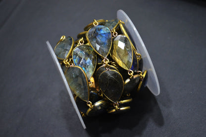 Labradorite Faceted Pear Shape Connector Chain , 16x25 mm , RB-6031