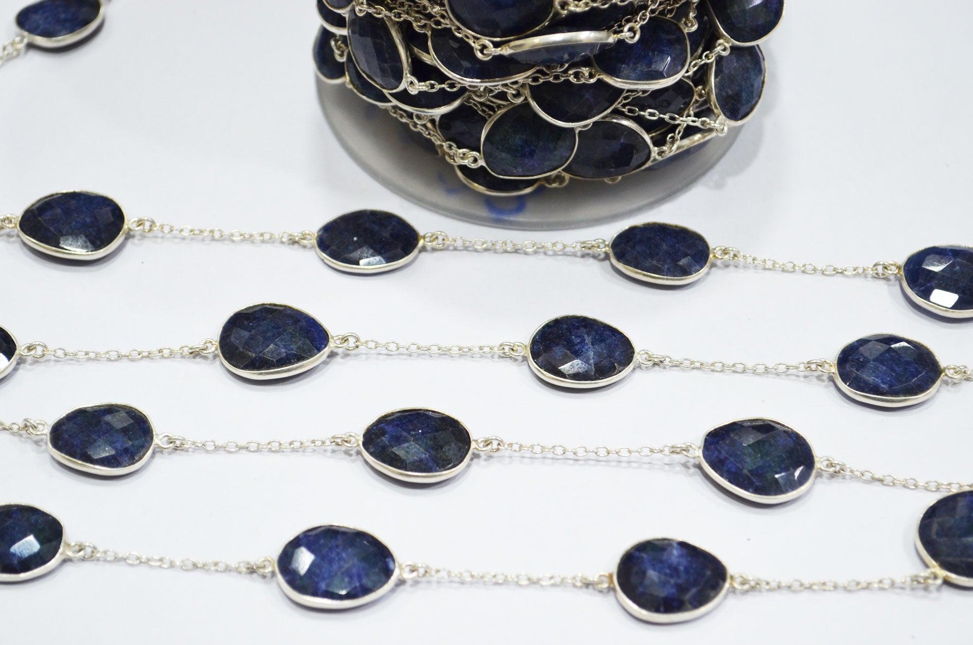 Sapphire Quartz Dyed Mesh Slice Hand Made Connector Chain , Sapphire Quartz Dyed Mesh Bezel Link Chain , 15 - 21 mm , RB-6033
