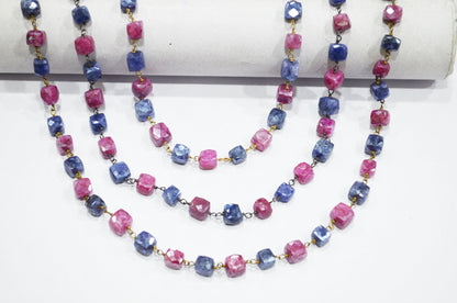 Sapphire Colored Moonstone 3D Box Cube Shape Rosary Chain , Ruby Colored Moonstone Wire Wrapped Chain , 4 - 4.75 mm , RB-6034