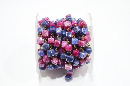 Sapphire Colored Moonstone 3D Box Cube Shape Rosary Chain , Ruby Colored Moonstone Wire Wrapped Chain , 4 - 4.75 mm , RB-6034