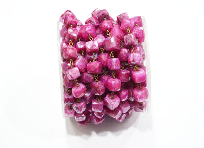 Ruby Colored Moonstone 3D Box Cube Shape Rosary Chain , Ruby Colored Moonstone Wire Wrapped Chain , 7 - 8 mm , RB-6035
