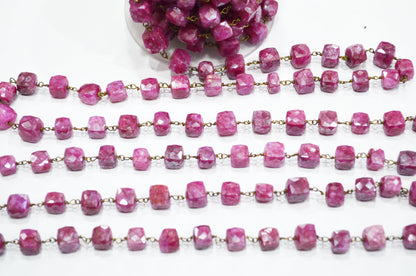Ruby Colored Moonstone 3D Box Cube Shape Rosary Chain , Ruby Colored Moonstone Wire Wrapped Chain , 7 - 8 mm , RB-6035