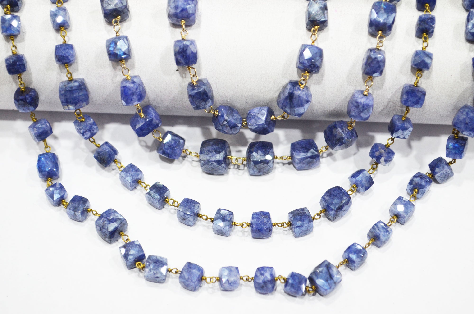 Sapphire Colored Moonstone 3D Box Cube Shape Rosary Chain , 7 - 8 mm , RB-6036