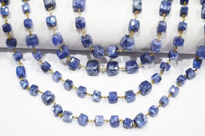 Sapphire Colored Moonstone 3D Box Cube Shape Rosary Chain , 7 - 8 mm , RB-6036