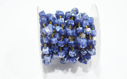 Sapphire Colored Moonstone 3D Box Cube Shape Rosary Chain , 7 - 8 mm , RB-6036