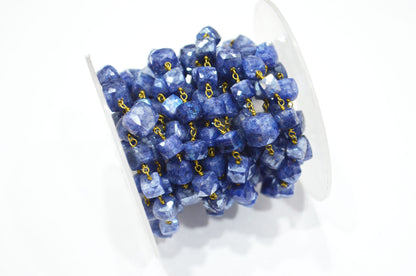 Sapphire Colored Moonstone 3D Box Cube Shape Rosary Chain , 7 - 8 mm , RB-6036