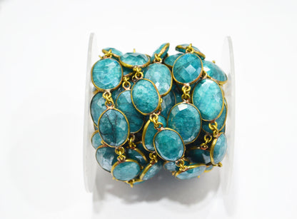 Blue Chrysocolla Colored Rainbow Moonstone Slice Shape Connector Chain , 12 - 17 mm , RB-6037