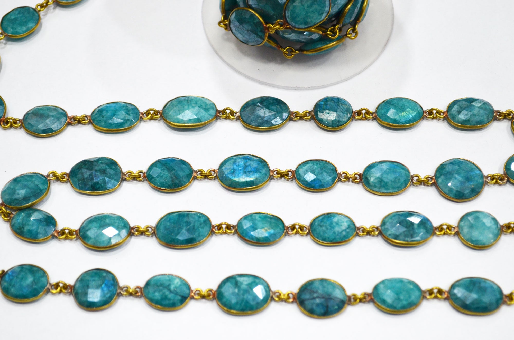Blue Chrysocolla Colored Rainbow Moonstone Slice Shape Connector Chain , 12 - 17 mm , RB-6037