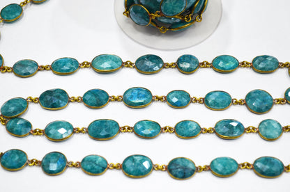 Blue Chrysocolla Colored Rainbow Moonstone Slice Shape Connector Chain , 12 - 17 mm , RB-6037