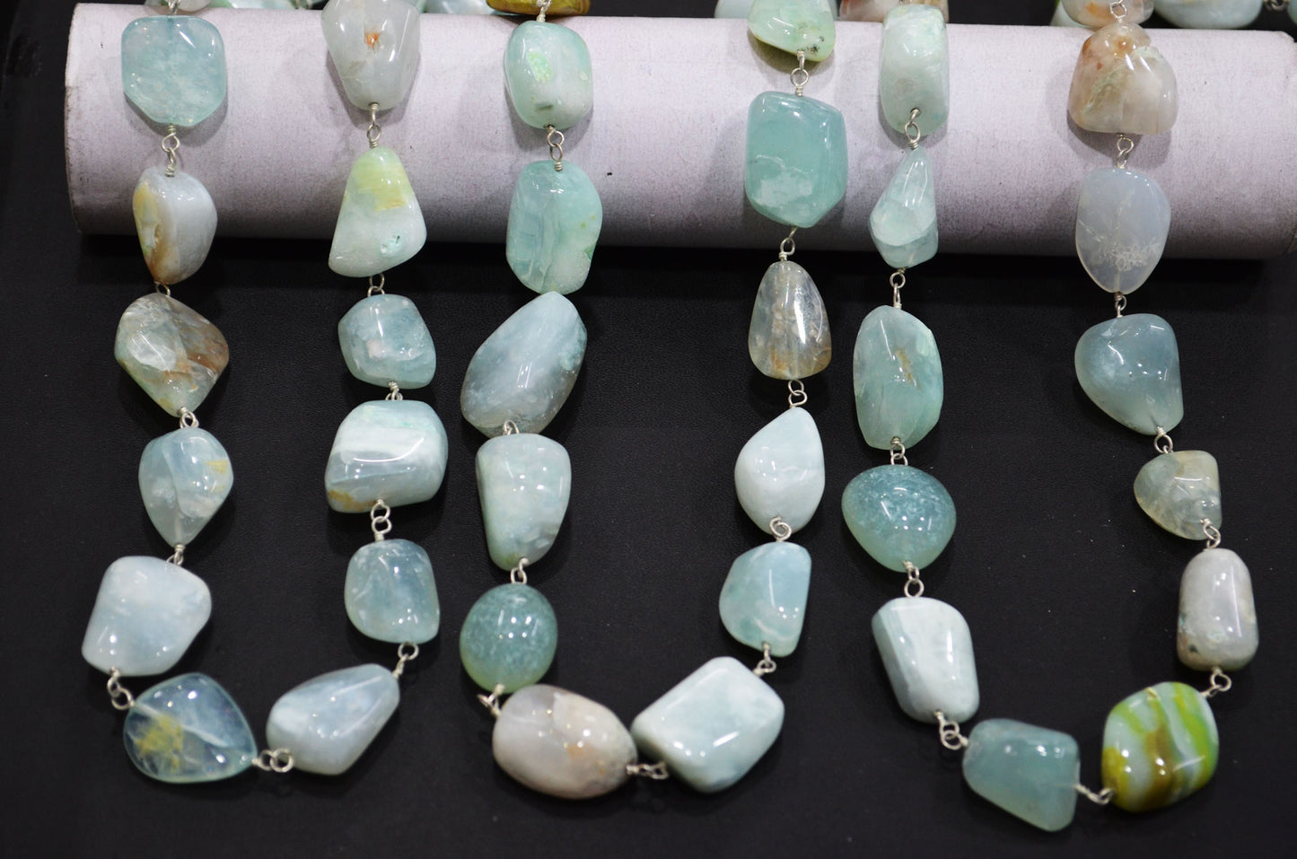 Aqua Chalcedony Smooth Nuggets Rosary Beaded Chain , 10 - 20 mm , RB-6047