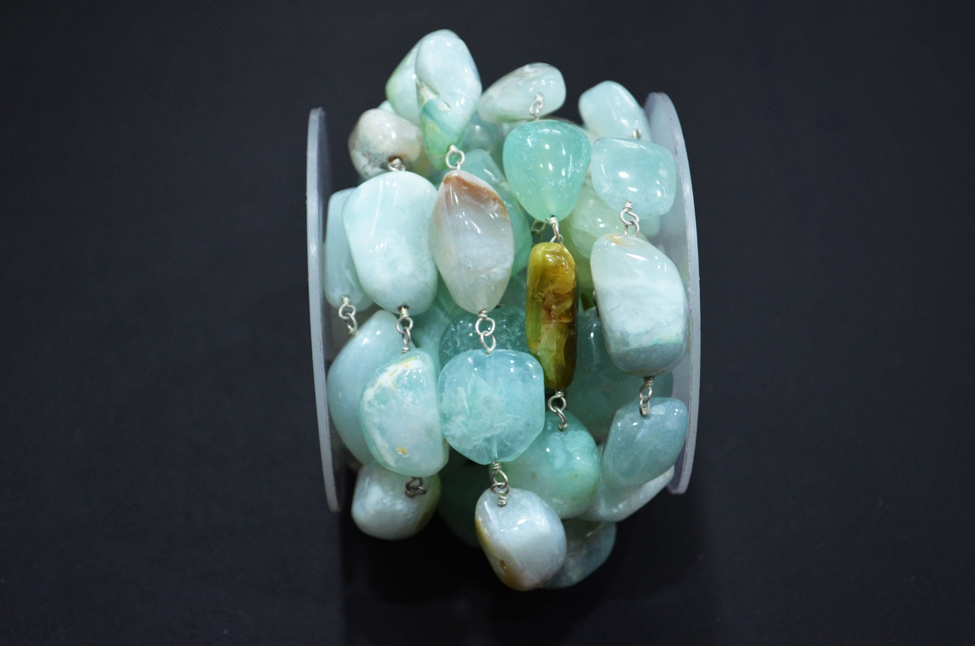 Aqua Chalcedony Smooth Nuggets Rosary Beaded Chain , 10 - 20 mm , RB-6047