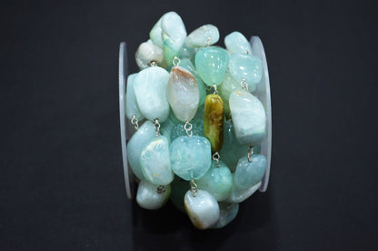 Aqua Chalcedony Smooth Nuggets Rosary Beaded Chain , 10 - 20 mm , RB-6047