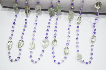 Amethyst Jade Faceted Rondelle Shape Rosary Chain , Green Amethyst Smooth Nuggets Wire Wrapped Chain , 4 - 4.50 mm , RB-6049