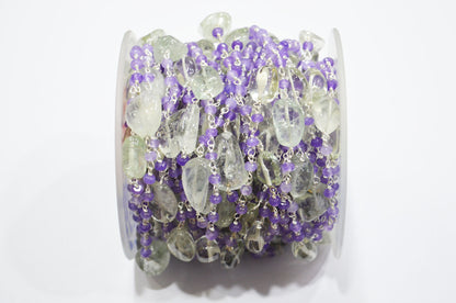 Amethyst Jade Faceted Rondelle Shape Rosary Chain , Green Amethyst Smooth Nuggets Wire Wrapped Chain , 4 - 4.50 mm , RB-6049