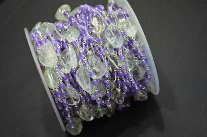 Amethyst Jade Faceted Rondelle Shape Rosary Chain , Green Amethyst Smooth Nuggets Wire Wrapped Chain , 4 - 4.50 mm , RB-6049