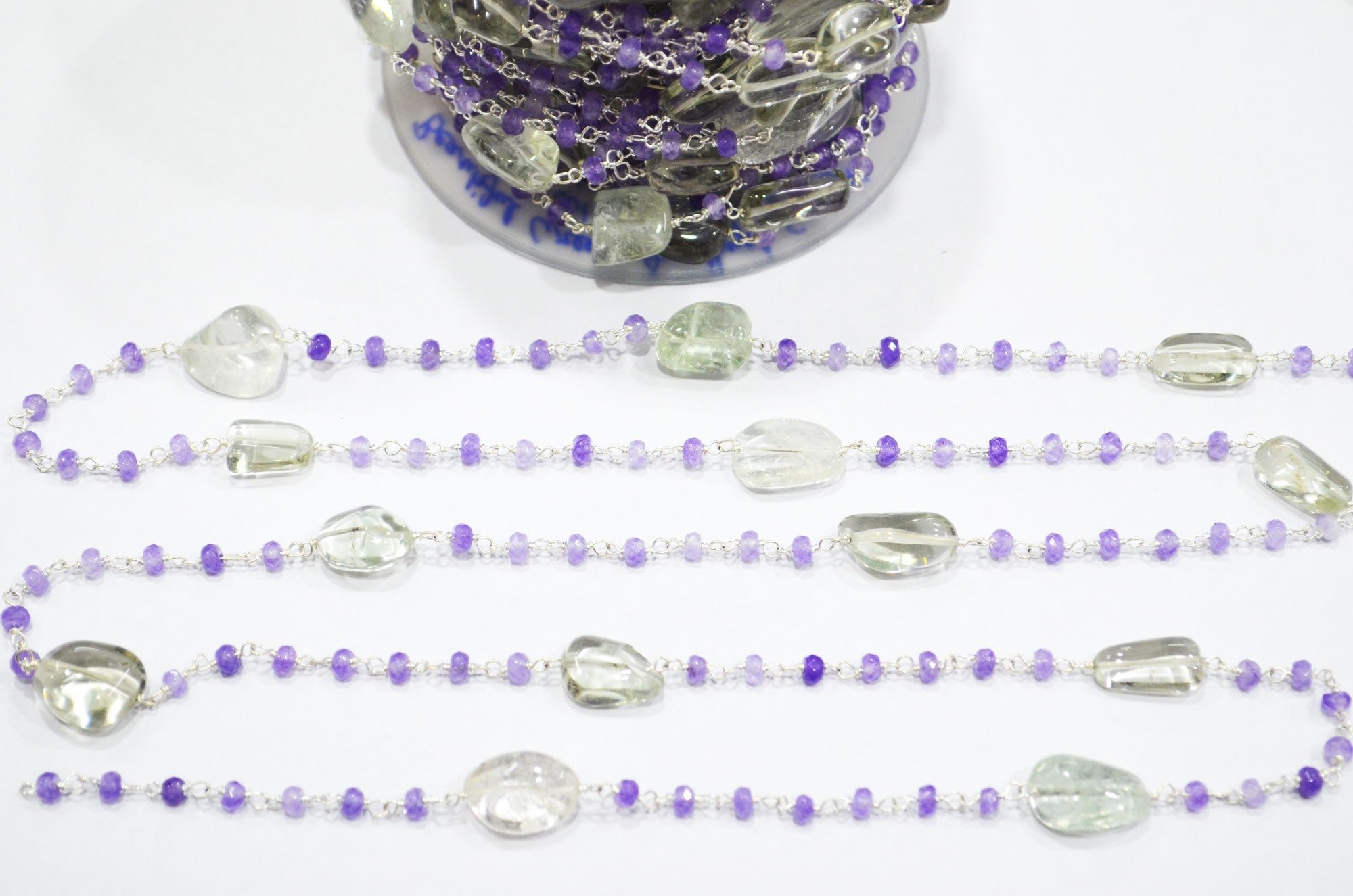 Amethyst Jade Faceted Rondelle Shape Rosary Chain , Green Amethyst Smooth Nuggets Wire Wrapped Chain , 4 - 4.50 mm , RB-6049