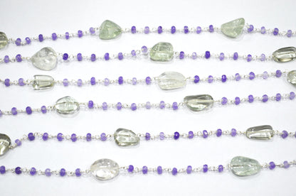 Amethyst Jade Faceted Rondelle Shape Rosary Chain , Green Amethyst Smooth Nuggets Wire Wrapped Chain , 4 - 4.50 mm , RB-6049
