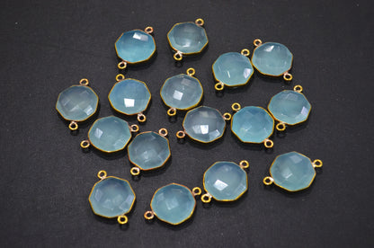 Aqua Chalcedony Faceted Octagon Shape Double Bail Connector , Sold By Piece , 16 mm , RB-6056