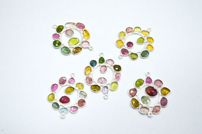 Watermelon Tourmaline Sterling Silver Coin Shape Connector , Sold By Piece , 3 - 3.50 cm , RB-6061