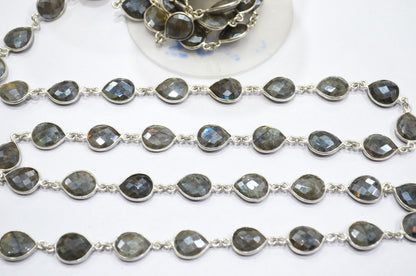 Labradorite AB Coated Faceted Pear Shape Connector Chain , 10x12 mm , RB-6086