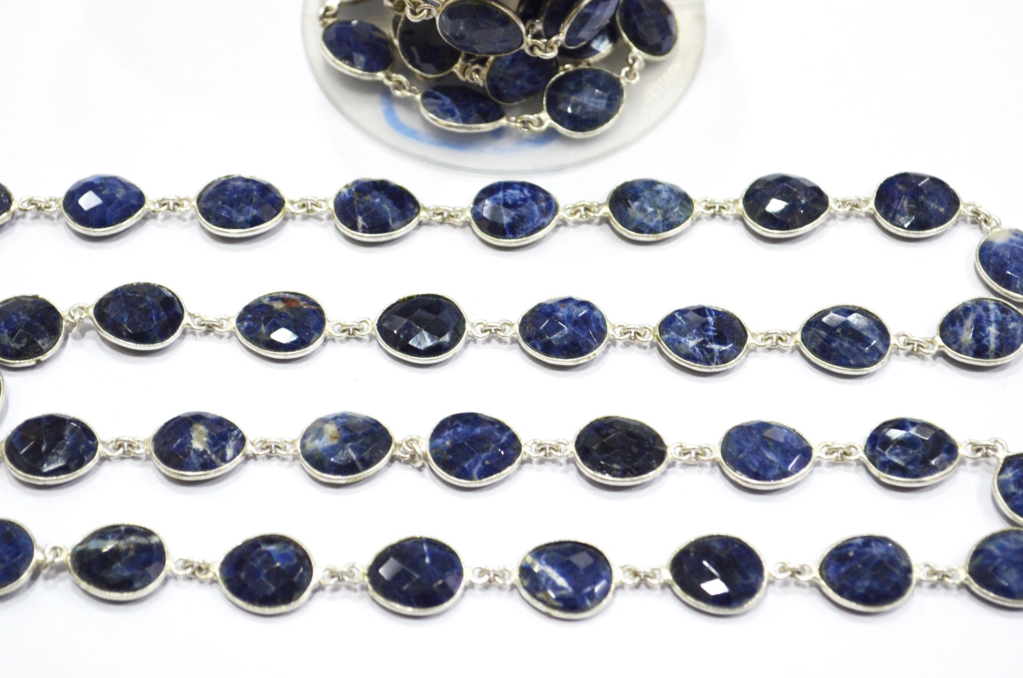 Natural Sodalite Faceted Egg Shape Connector Chain , 12x14 - 13x15 mm , RB-6087