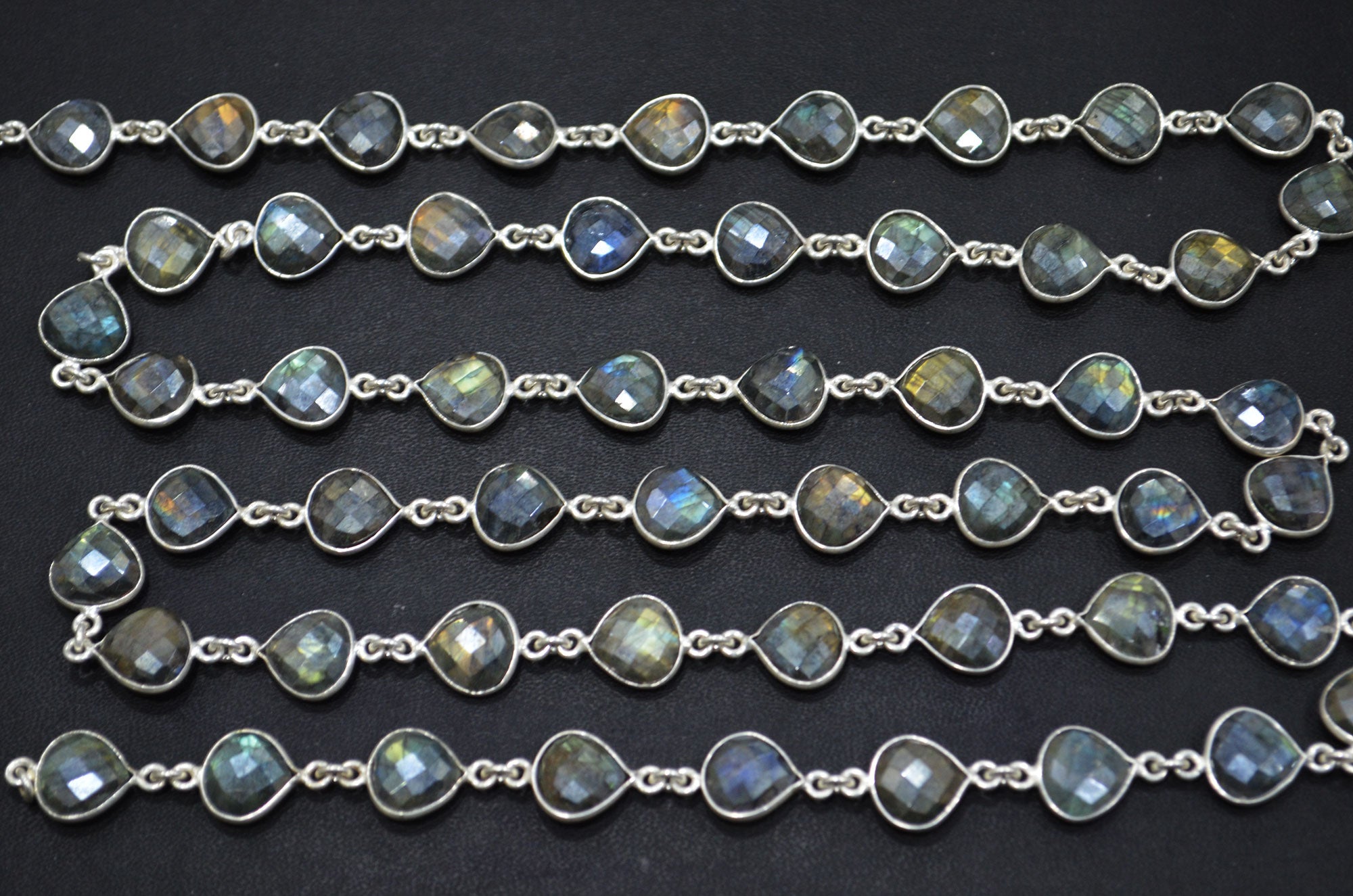 Labradorite AB Coated Faceted Heart Shape Connector Chain , 10 mm , RB-6090