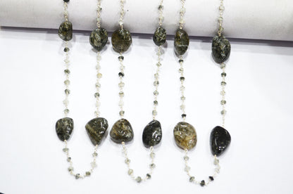 Black Rutile Smooth Button Shape Rosary Beaded Chain , Tourmilated Quartz Nuggets Wire Wrapped Chain , 3 - 3.50 mm , RB-6100
