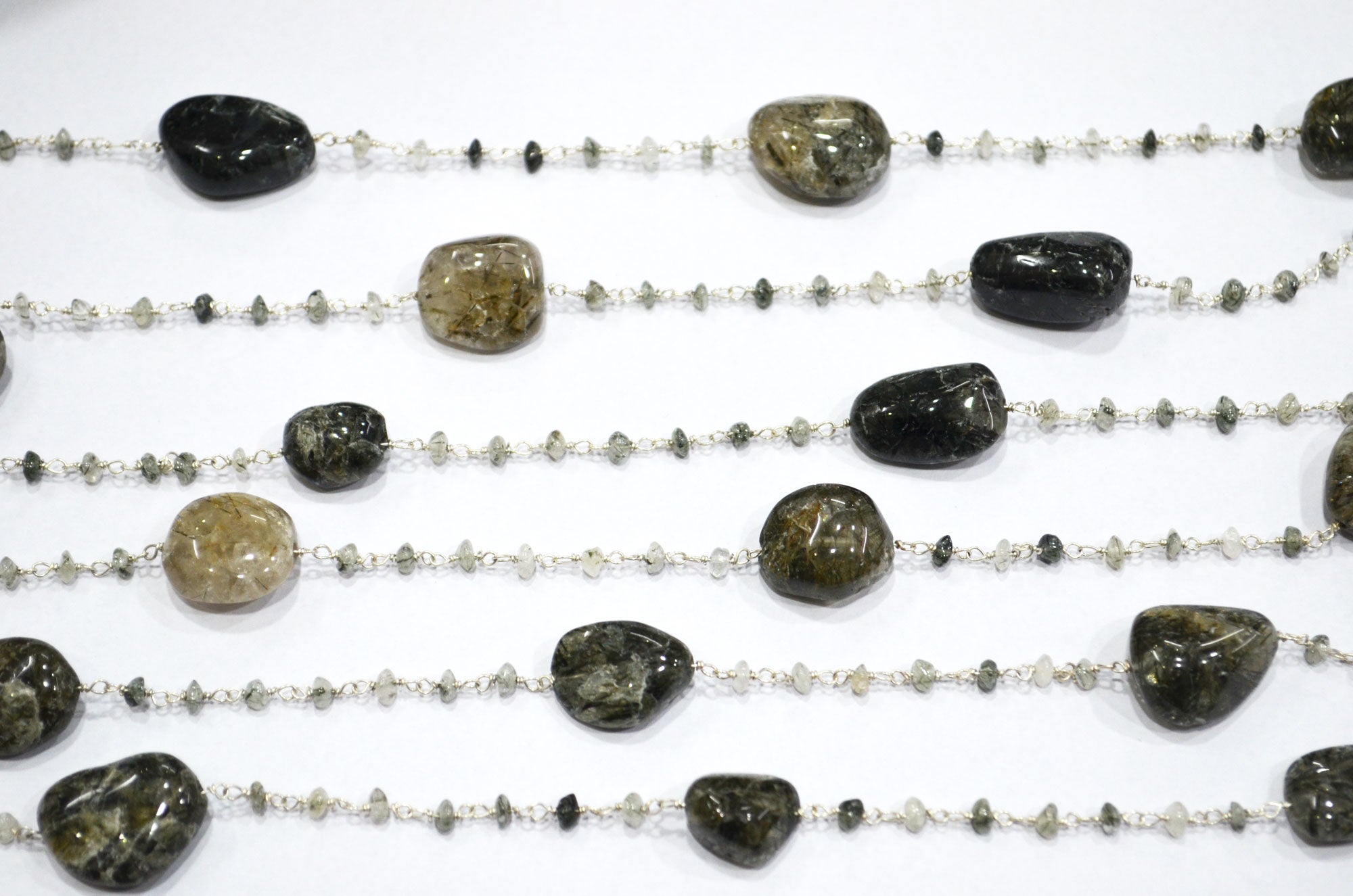 Black Rutile Smooth Button Shape Rosary Beaded Chain , Tourmilated Quartz Nuggets Wire Wrapped Chain , 3 - 3.50 mm , RB-6100