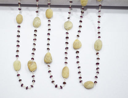 Rhodolite Garnet Smooth Button Shape Rosary Beaded Chain ,White Feldspar Rough Pebble Wire Wrapped Chain , 3 - 3.5 mm , RB-6101