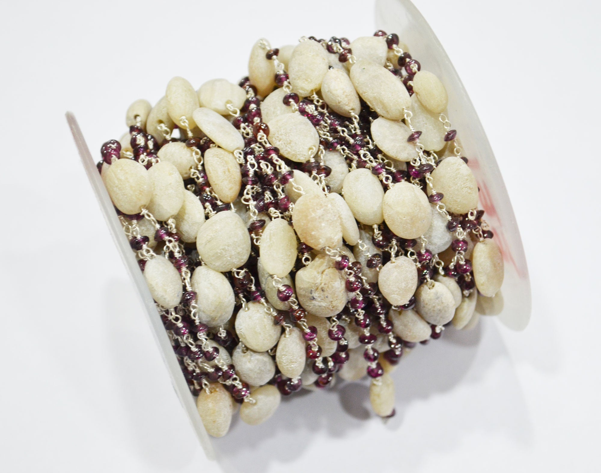 Rhodolite Garnet Smooth Button Shape Rosary Beaded Chain ,White Feldspar Rough Pebble Wire Wrapped Chain , 3 - 3.5 mm , RB-6101