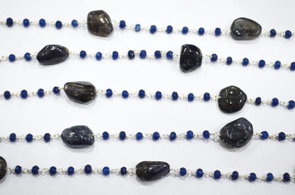 Sapphire Jade Faceted Rondelle Shape Rosary Beaded Chain , Iolite Smooth Nuggets Wire Wrapped Chain , 4 mm , RB-6102