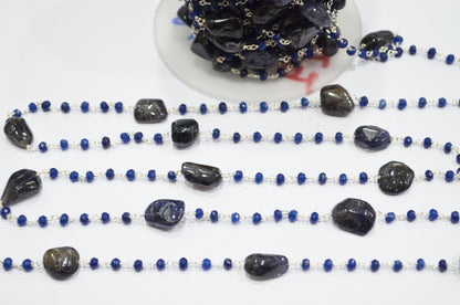 Sapphire Jade Faceted Rondelle Shape Rosary Beaded Chain , Iolite Smooth Nuggets Wire Wrapped Chain , 4 mm , RB-6102
