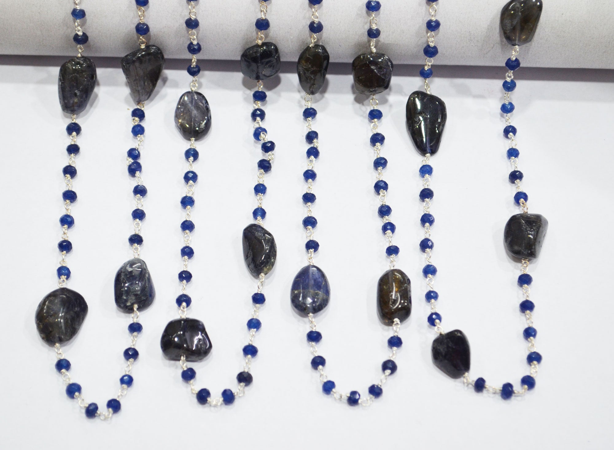 Sapphire Jade Faceted Rondelle Shape Rosary Beaded Chain , Iolite Smooth Nuggets Wire Wrapped Chain , 4 mm , RB-6102